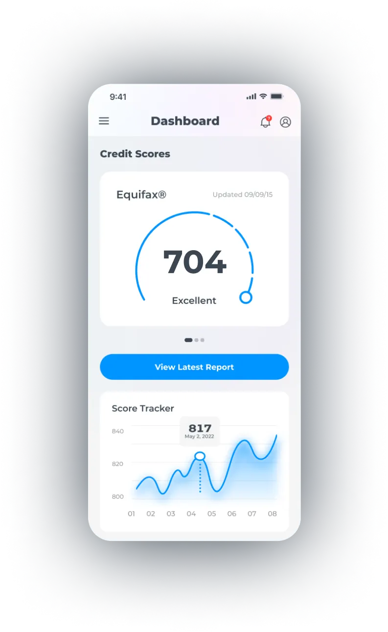 phone with IdentityIQ dashboard showing a credit score of 704